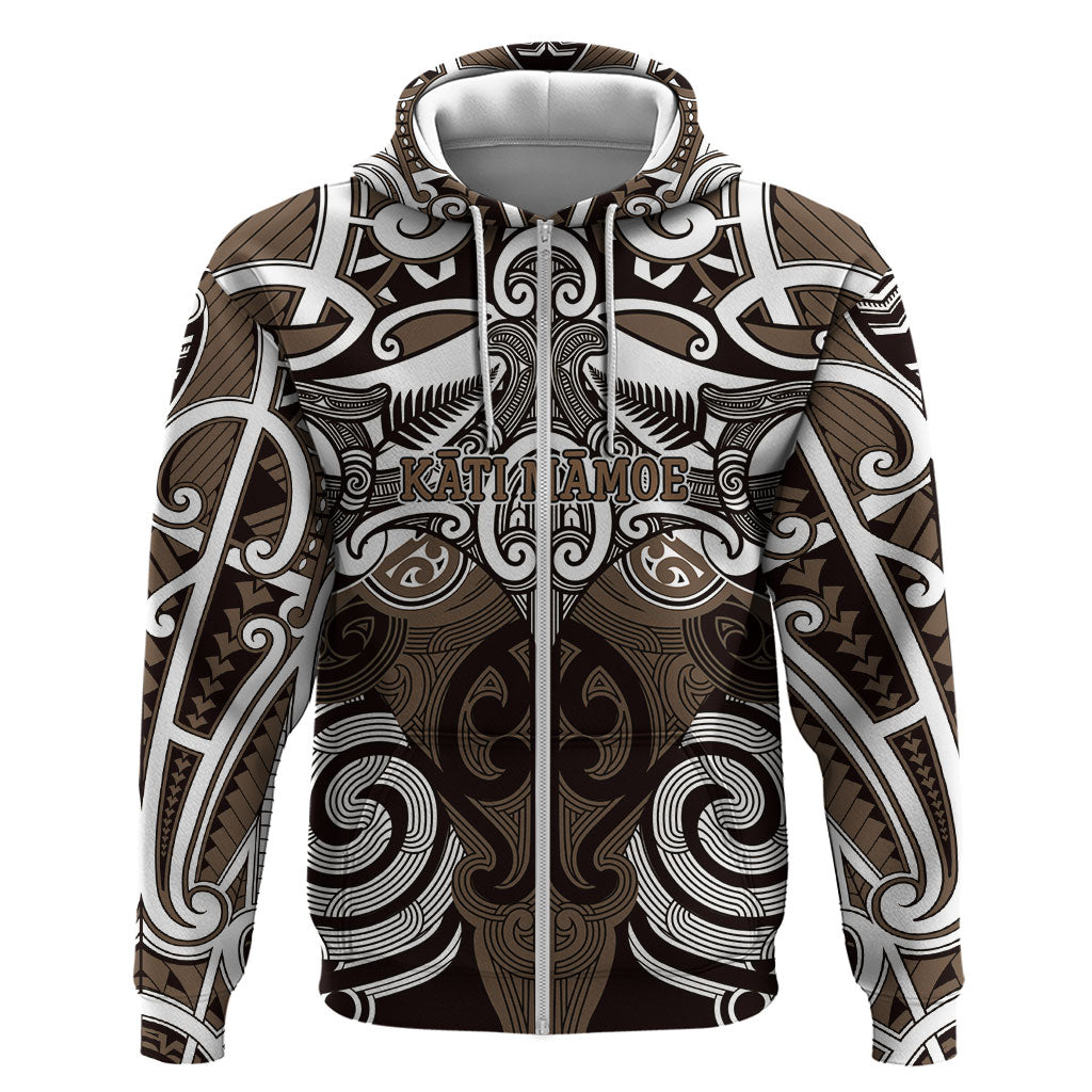 Personalised Maori Kati Mamoe Zip Hoodie Silver Fern Kowhaiwhai Art LT01 Zip Hoodie Brown - Polynesian Pride