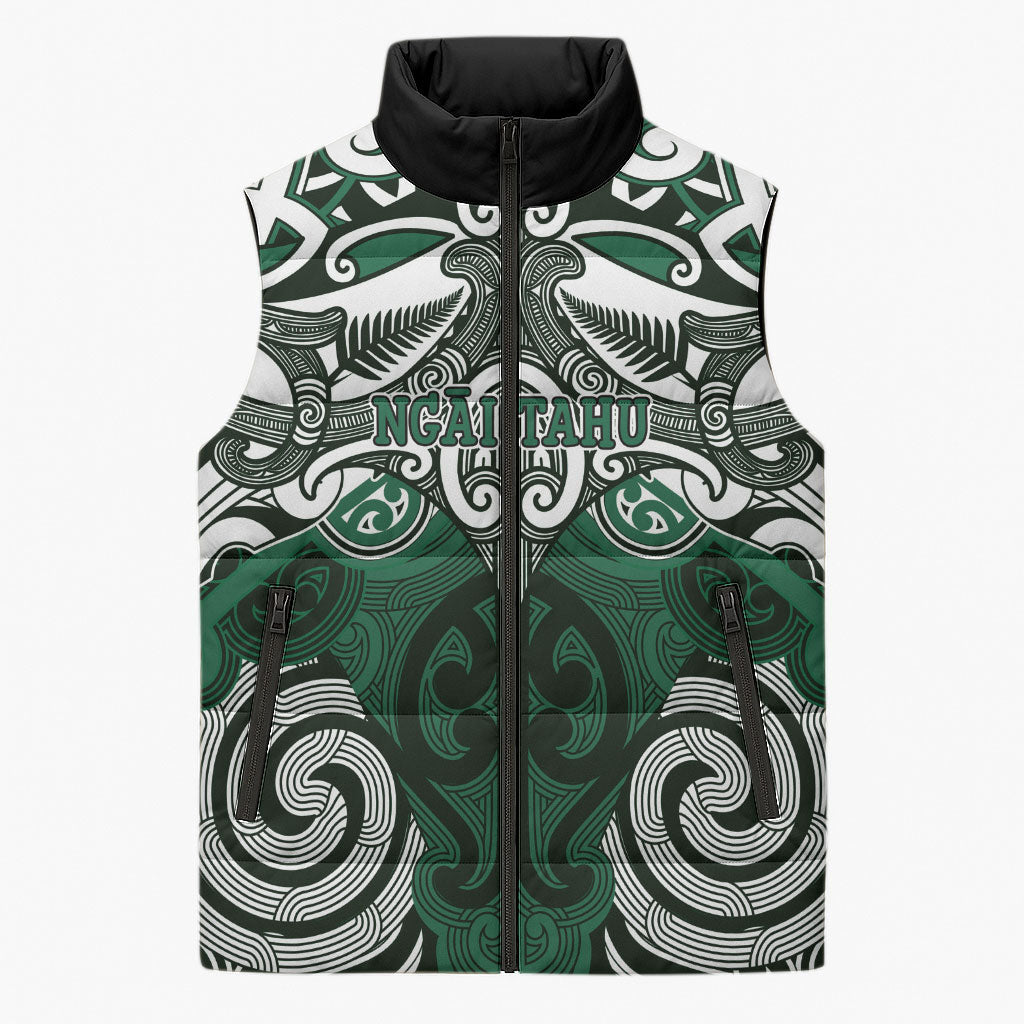 Personalised Maori Ngai Tahu Sleeveless Puffer Jacket Silver Fern Kowhaiwhai Art LT01 Unisex Green - Polynesian Pride