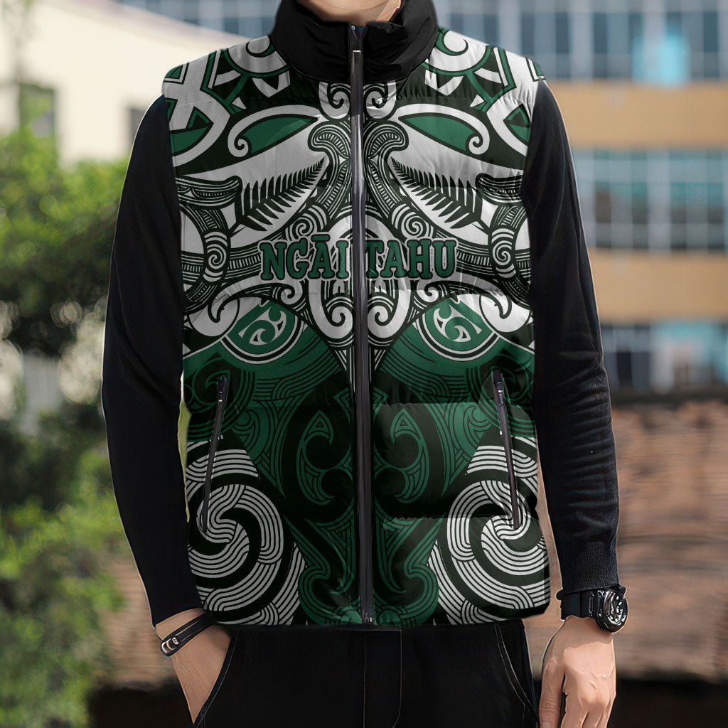 Personalised Maori Ngai Tahu Sleeveless Puffer Jacket Silver Fern Kowhaiwhai Art LT01 - Polynesian Pride