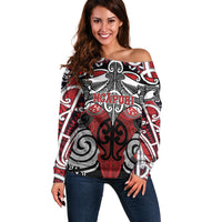 Personalised Maori Ngapuhi Off Shoulder Sweater Silver Fern Kowhaiwhai Art LT01 Women Red - Polynesian Pride
