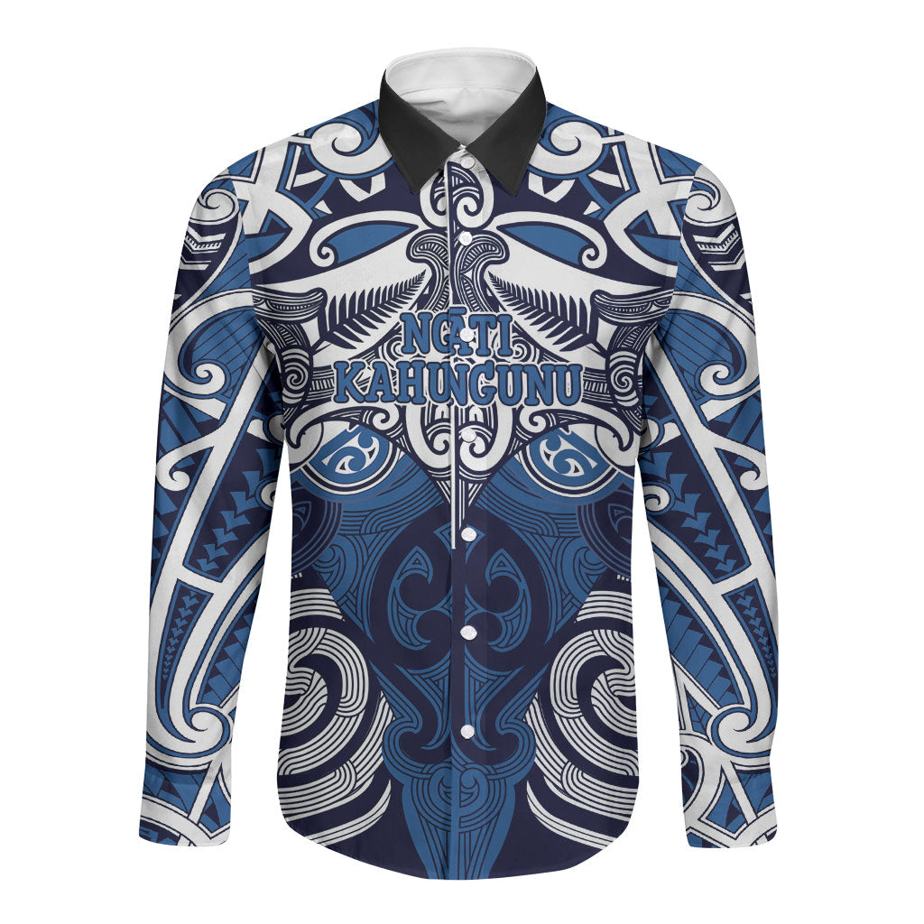 Personalised Maori Ngati Kahungunu Long Sleeve Button Shirt Silver Fern Kowhaiwhai Art LT01 Unisex Blue - Polynesian Pride