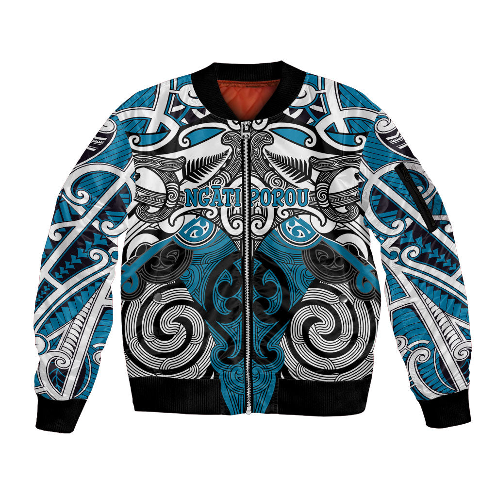 Personalised Maori Ngati Porou Sleeve Zip Bomber Jacket Silver Fern Kowhaiwhai Art LT01 Unisex Blue - Polynesian Pride