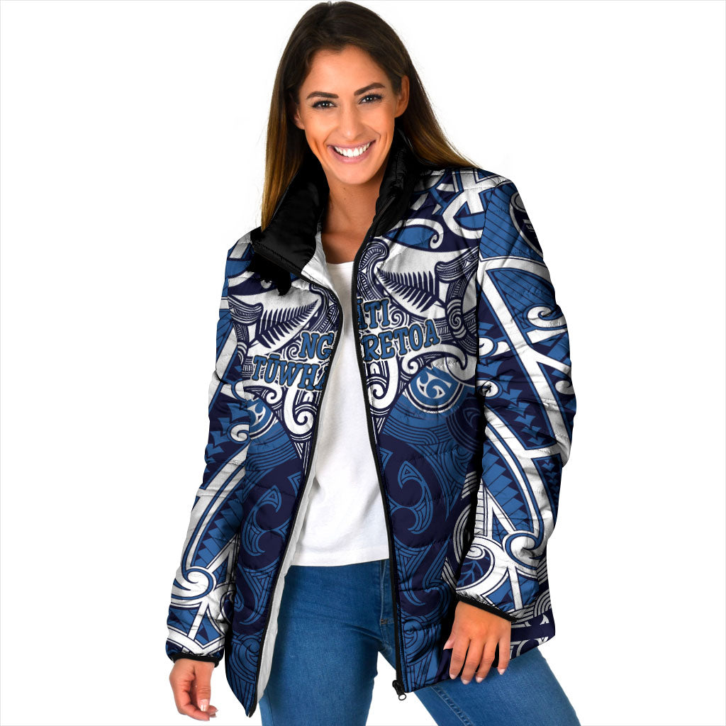 Personalised Maori Ngati Tuwharetoa Padded Jacket Silver Fern Kowhaiwhai Art LT01 Women Blue - Polynesian Pride