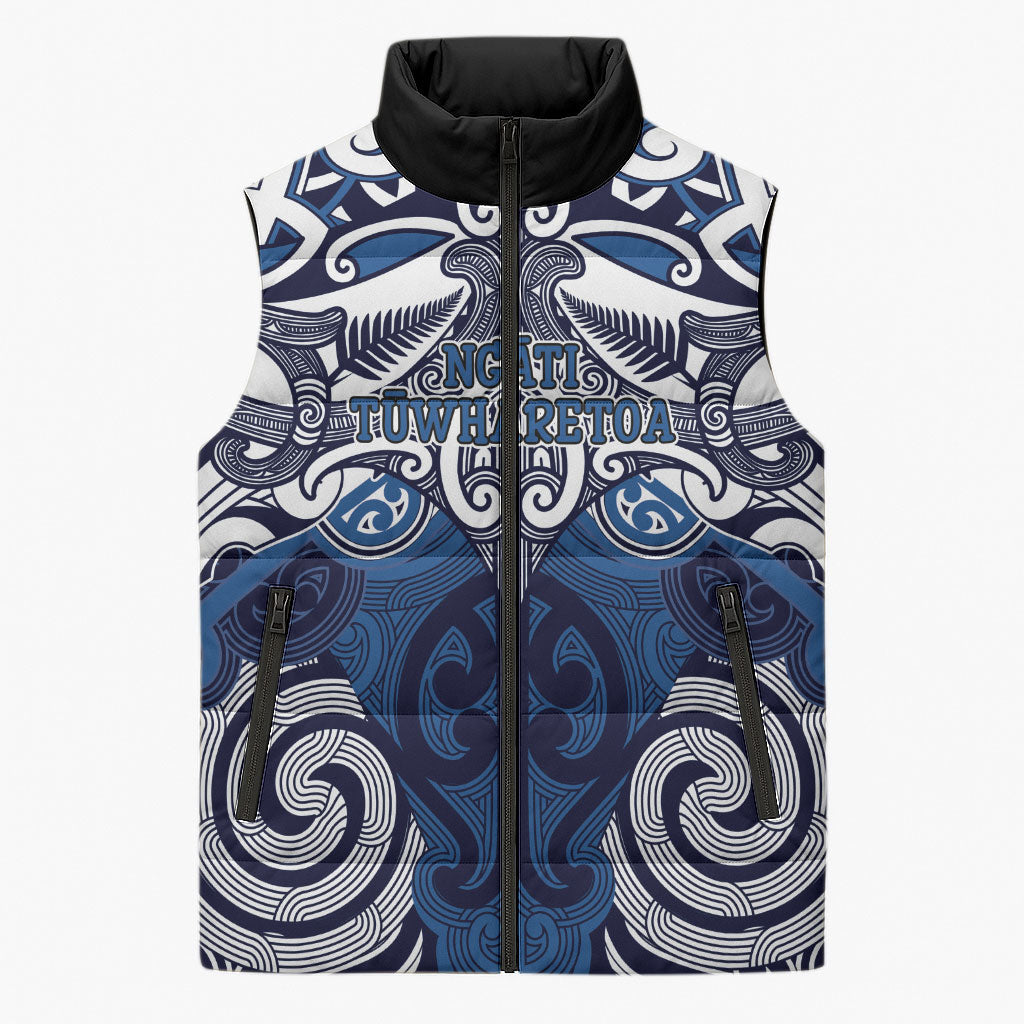Personalised Maori Ngati Tuwharetoa Sleeveless Puffer Jacket Silver Fern Kowhaiwhai Art LT01 Unisex Blue - Polynesian Pride