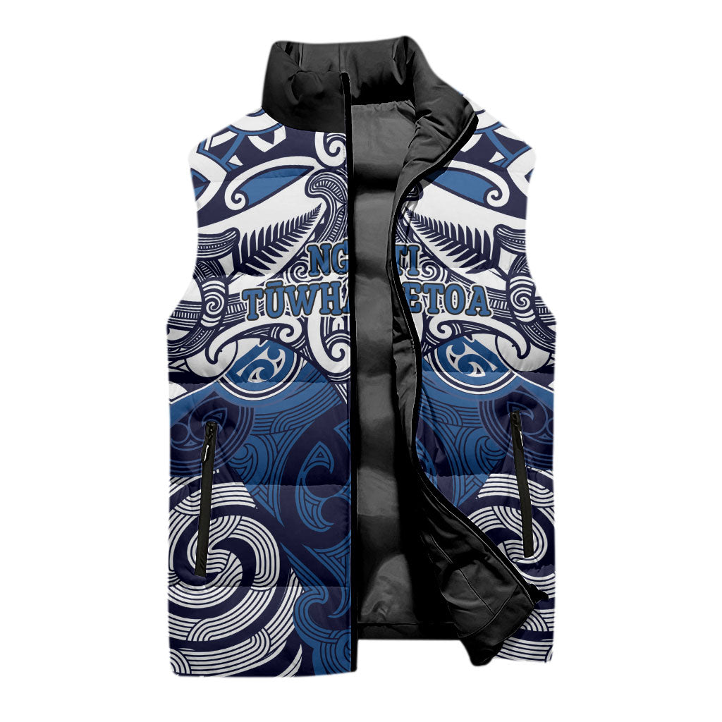 Personalised Maori Ngati Tuwharetoa Sleeveless Puffer Jacket Silver Fern Kowhaiwhai Art LT01 - Polynesian Pride