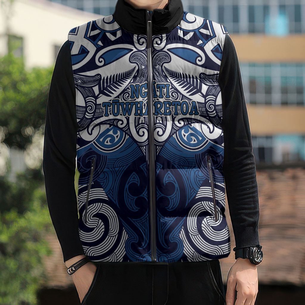 Personalised Maori Ngati Tuwharetoa Sleeveless Puffer Jacket Silver Fern Kowhaiwhai Art LT01 - Polynesian Pride
