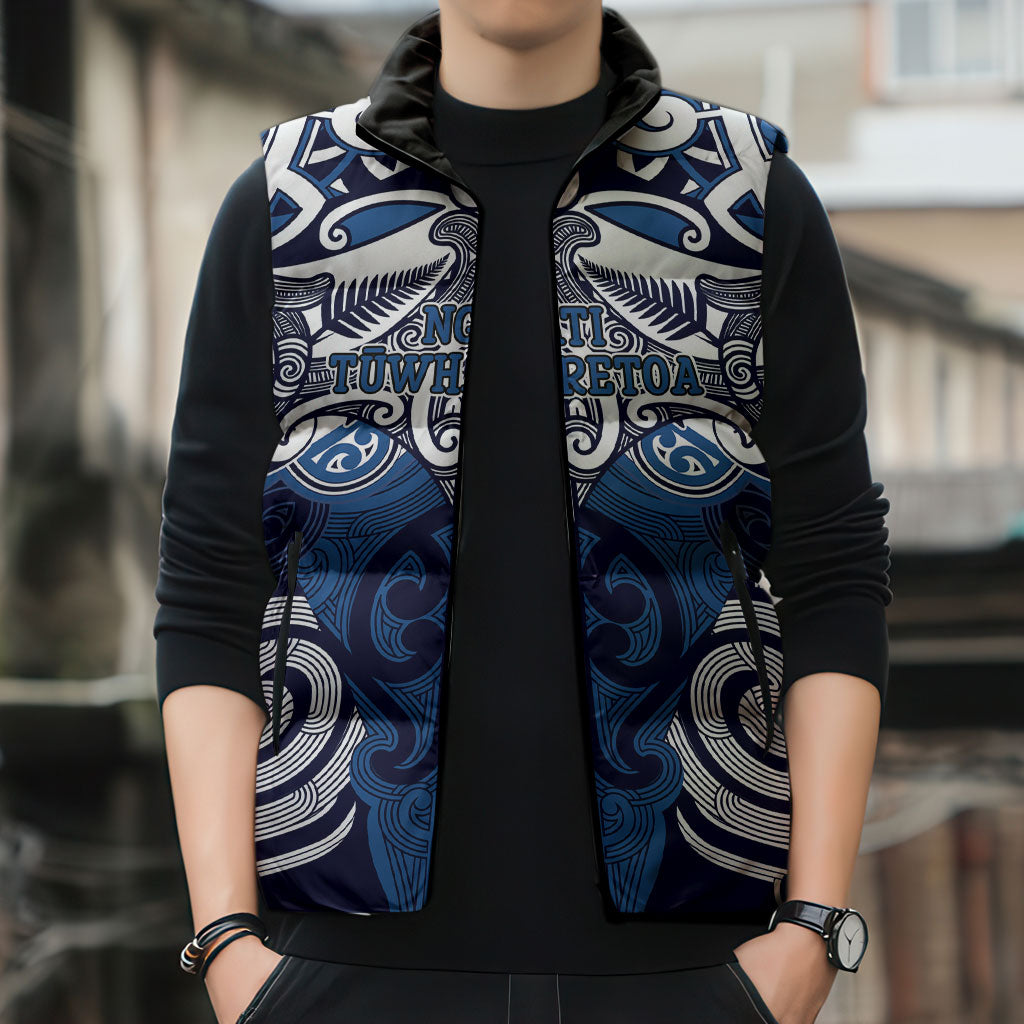 Personalised Maori Ngati Tuwharetoa Sleeveless Puffer Jacket Silver Fern Kowhaiwhai Art LT01 - Polynesian Pride