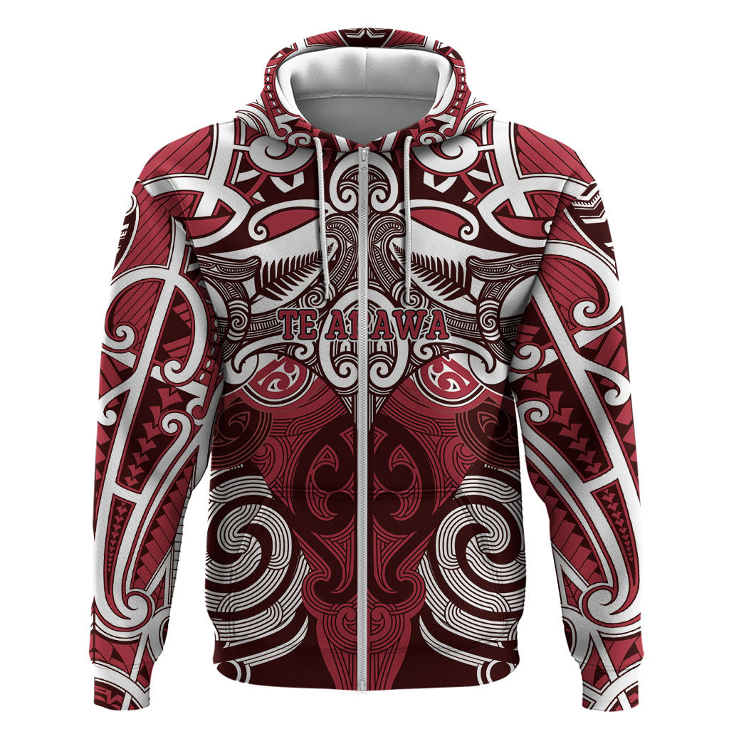 Personalised Maori Te Arawa Hoodie Silver Fern Kowhaiwhai Art LT01 Zip Hoodie Red - Polynesian Pride