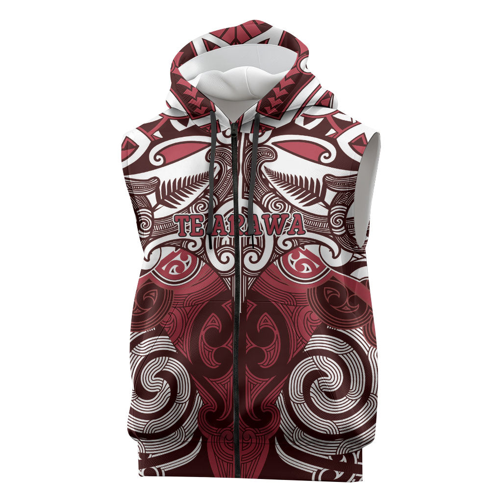 Personalised Maori Te Arawa Sleeveless Zip Hoodie Silver Fern Kowhaiwhai Art LT01 Red - Polynesian Pride