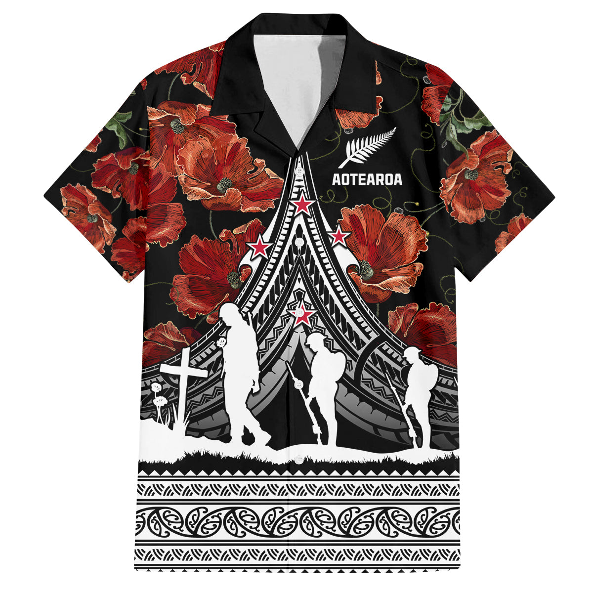 New Zealand ANZAC Day Family Matching Off Shoulder Maxi Dress and Hawaiian Shirt Poppy With Polynesian Pattern LT01 Dad's Shirt - Short Sleeve Black - Polynesian Pride