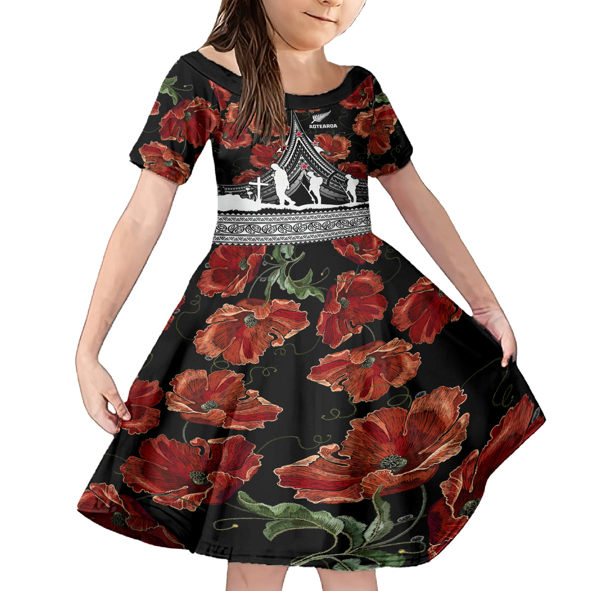 New Zealand ANZAC Day Family Matching Short Sleeve Bodycon Dress and Hawaiian Shirt Poppy With Polynesian Pattern LT01 Daughter's Dress Black - Polynesian Pride