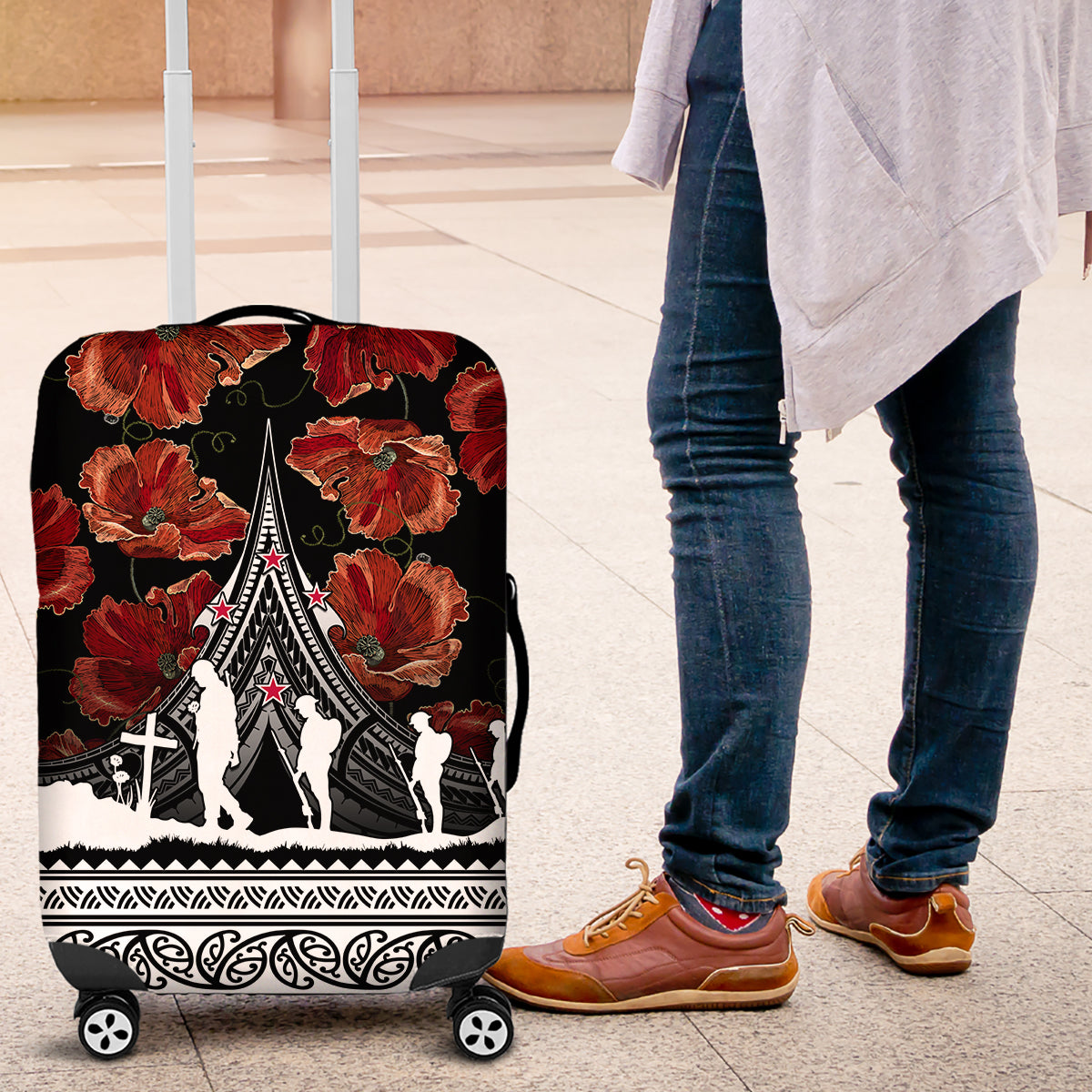 New Zealand ANZAC Day Luggage Cover Poppy With Polynesian Pattern LT01 Black - Polynesian Pride