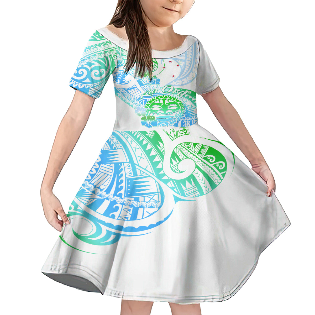 Kia Ora Maori New Zealand Pastel Family Matching Puletasi Dress and Hawaiian Shirt Sun Ta Moko Aqua Green Version LT01 Daughter's Dress Aqua - Polynesian Pride