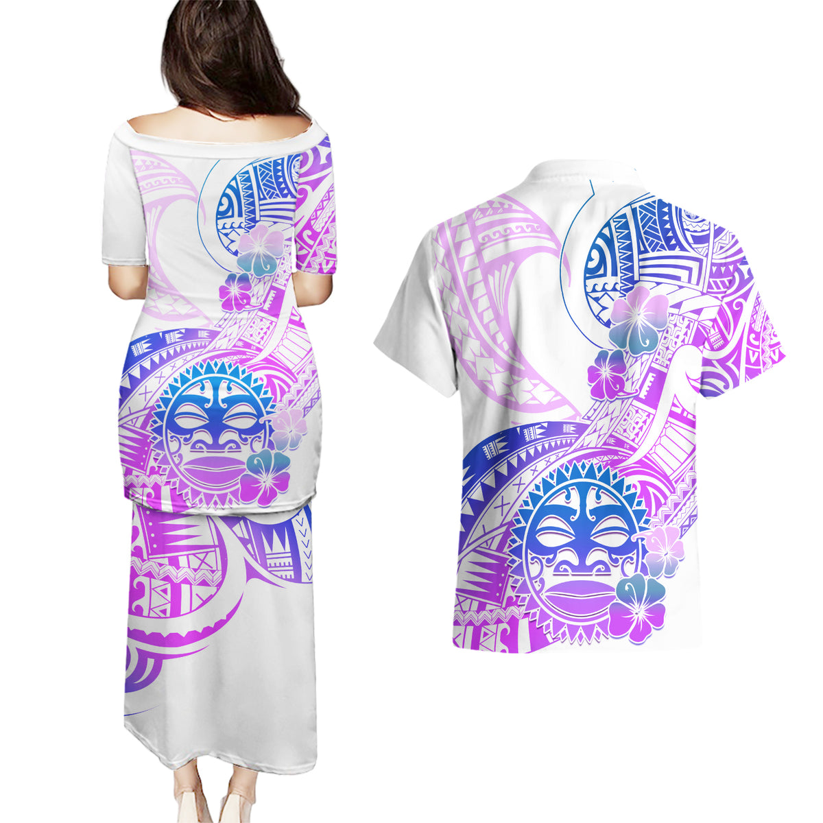 Kia Ora Maori New Zealand Pastel Couples Matching Puletasi Dress and Hawaiian Shirt Sun Ta Moko Lilac Version LT01 - Polynesian Pride