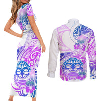 Kia Ora Maori New Zealand Pastel Couples Matching Short Sleeve Bodycon Dress and Long Sleeve Button Shirt Sun Ta Moko Lilac Version LT01 - Polynesian Pride