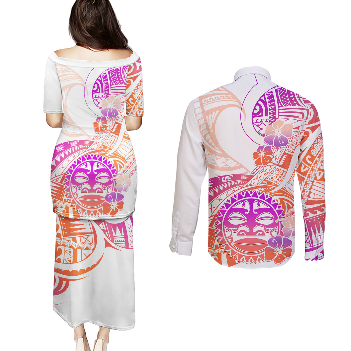 Kia Ora Maori New Zealand Pastel Couples Matching Puletasi Dress and Long Sleeve Button Shirt Sun Ta Moko Sunset Version LT01 - Polynesian Pride