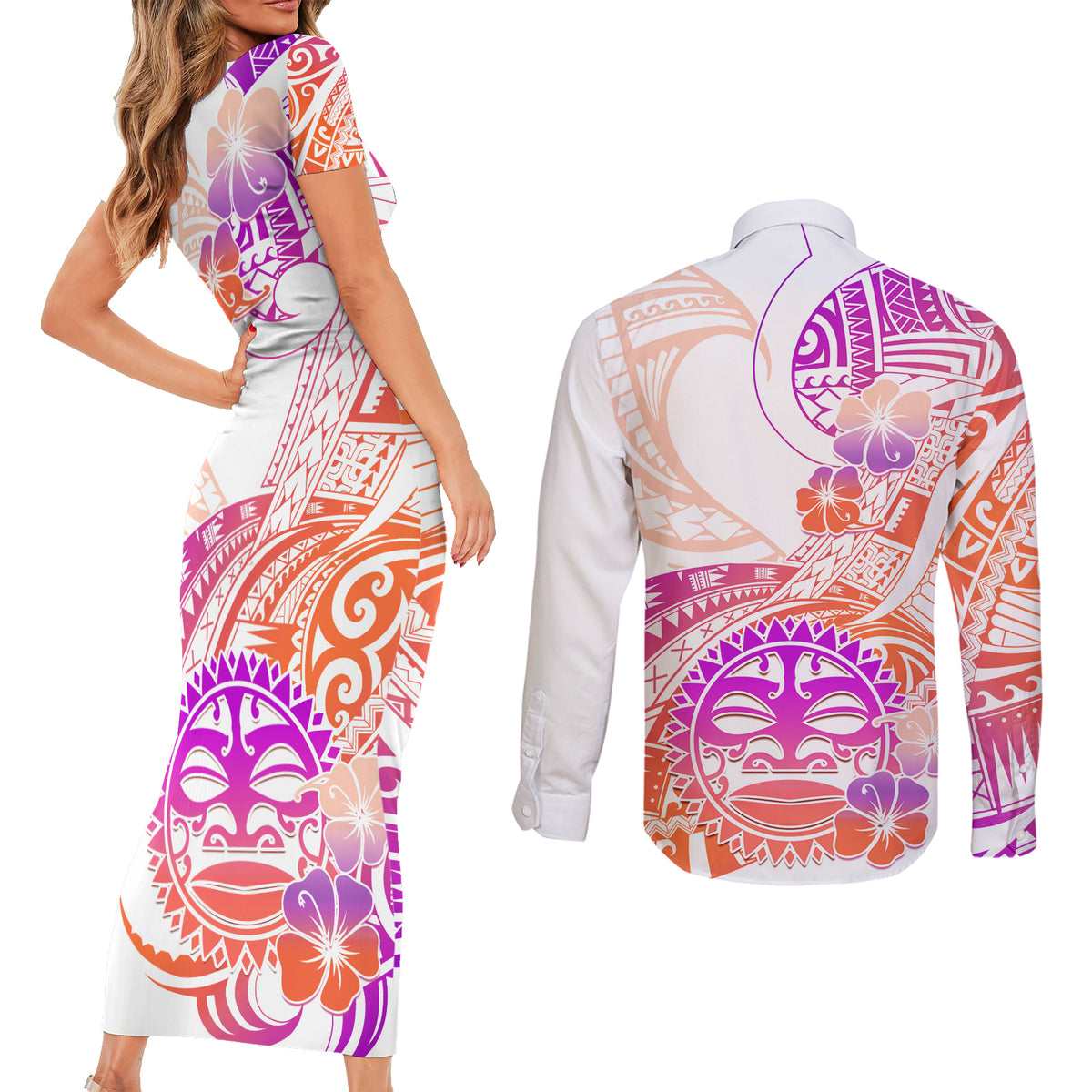 Kia Ora Maori New Zealand Pastel Couples Matching Short Sleeve Bodycon Dress and Long Sleeve Button Shirt Sun Ta Moko Sunset Version LT01 - Polynesian Pride