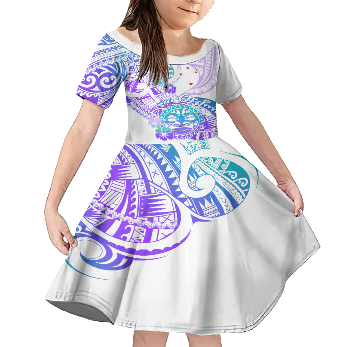Kia Ora Maori New Zealand Pastel Family Matching Off Shoulder Maxi Dress and Hawaiian Shirt Sun Ta Moko Violet Version LT01 Daughter's Dress Purple - Polynesian Pride