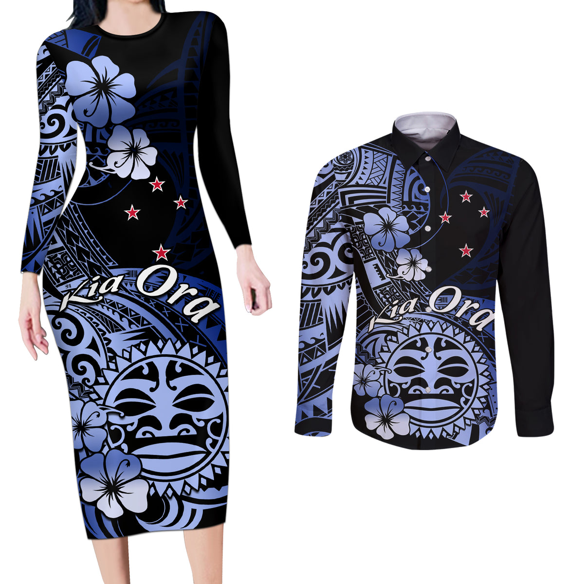 Aotearoa Kia Ora New Zealand Ta Moko Blue Version Couples Matching Long Sleeve Bodycon Dress and Long Sleeve Button Shirt LT01 Blue - Polynesian Pride