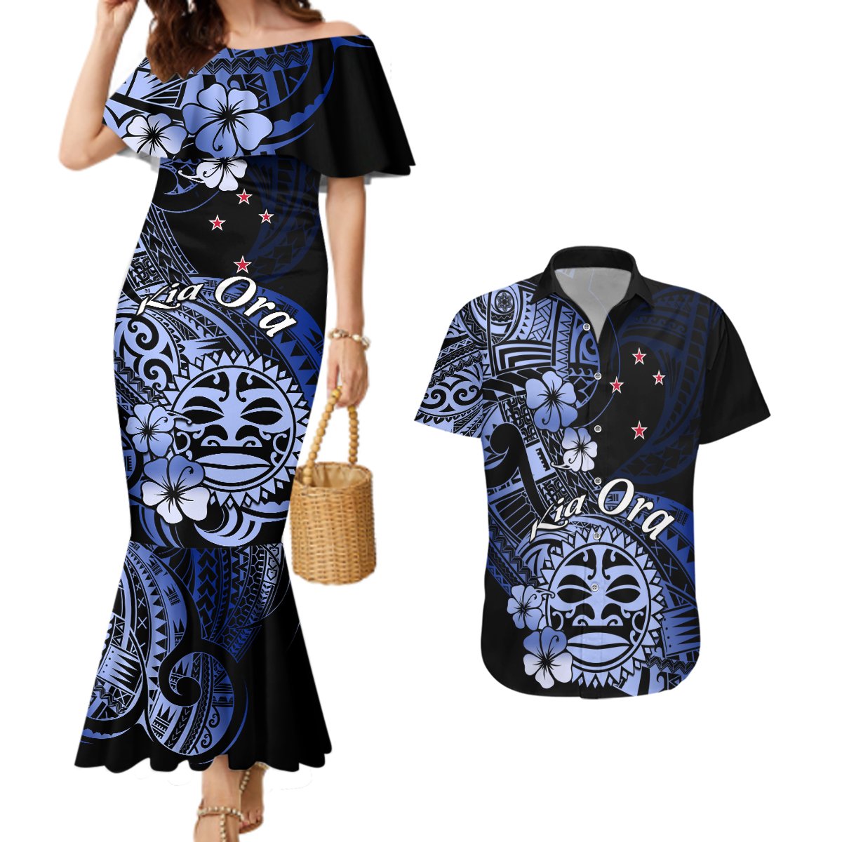 Aotearoa Kia Ora New Zealand Ta Moko Blue Version Couples Matching Mermaid Dress and Hawaiian Shirt LT01 Blue - Polynesian Pride