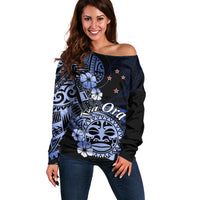 Aotearoa Kia Ora New Zealand Ta Moko Blue Version Off Shoulder Sweater LT01 Women Blue - Polynesian Pride