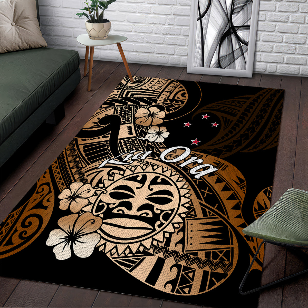 Aotearoa Kia Ora New Zealand Ta Moko Gold Version Area Rug LT01 Gold - Polynesian Pride