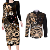 Aotearoa Kia Ora New Zealand Ta Moko Gold Version Couples Matching Long Sleeve Bodycon Dress and Long Sleeve Button Shirt LT01 Gold - Polynesian Pride