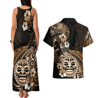Aotearoa Kia Ora New Zealand Ta Moko Gold Version Couples Matching Tank Maxi Dress and Hawaiian Shirt LT01 - Polynesian Pride