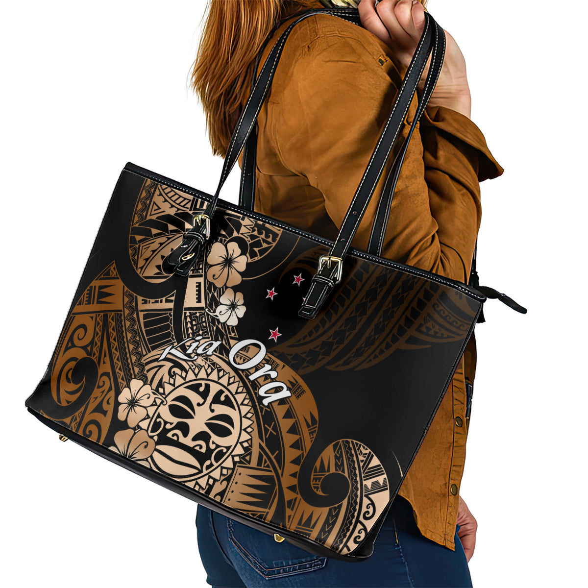 Aotearoa Kia Ora New Zealand Ta Moko Gold Version Leather Tote Bag LT01 - Polynesian Pride