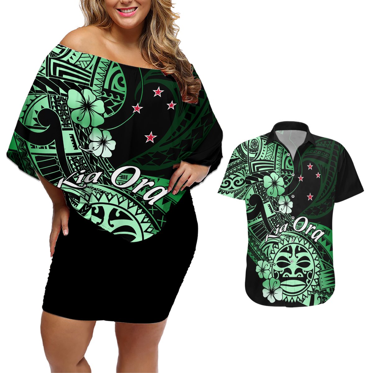 Aotearoa Kia Ora New Zealand Ta Moko Green Version Couples Matching Off Shoulder Short Dress and Hawaiian Shirt LT01 Green - Polynesian Pride