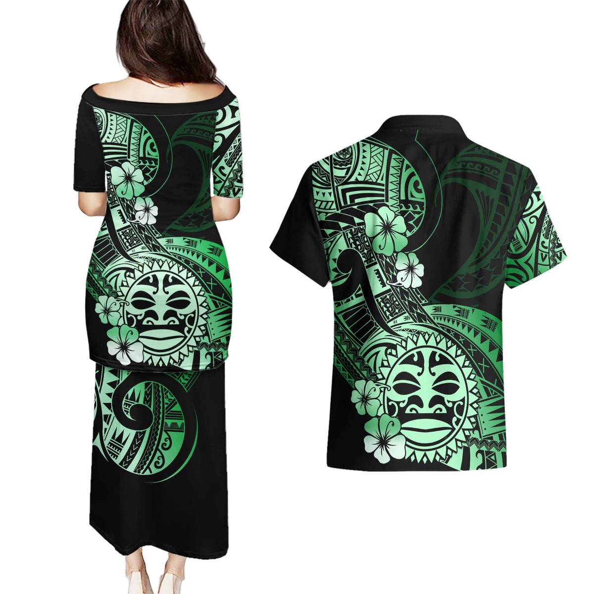 Aotearoa Kia Ora New Zealand Ta Moko Green Version Couples Matching Puletasi Dress and Hawaiian Shirt LT01 - Polynesian Pride