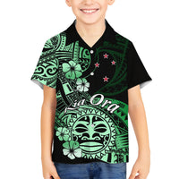 Aotearoa Kia Ora New Zealand Ta Moko Green Version Family Matching Off Shoulder Long Sleeve Dress and Hawaiian Shirt LT01 Son's Shirt Green - Polynesian Pride