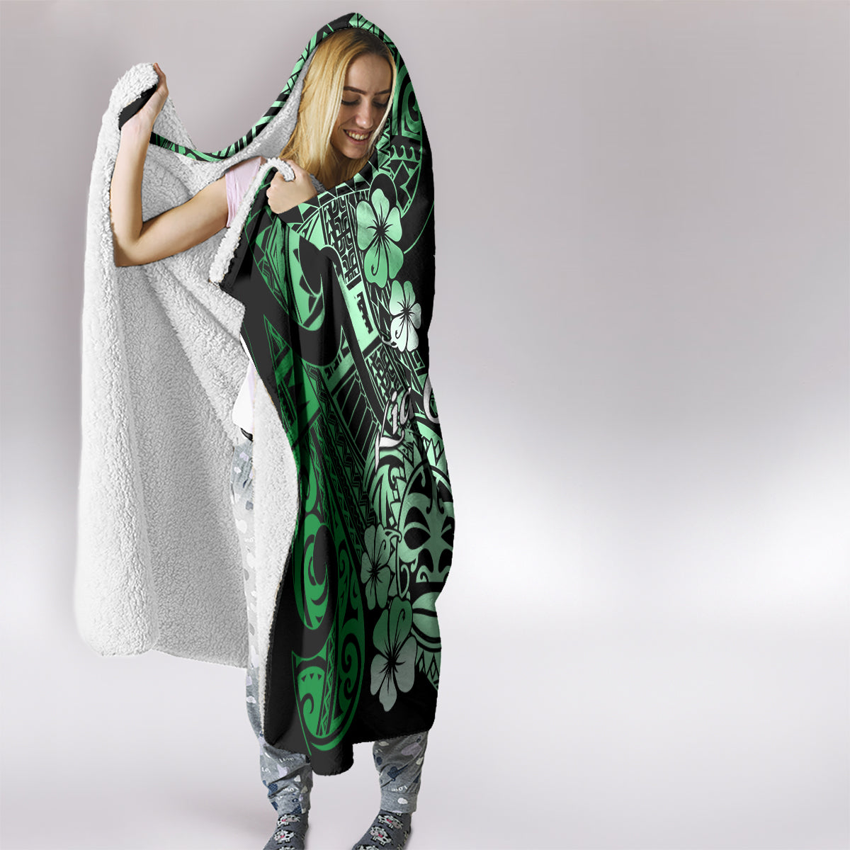 Aotearoa Kia Ora New Zealand Ta Moko Green Version Hooded Blanket LT01 - Polynesian Pride