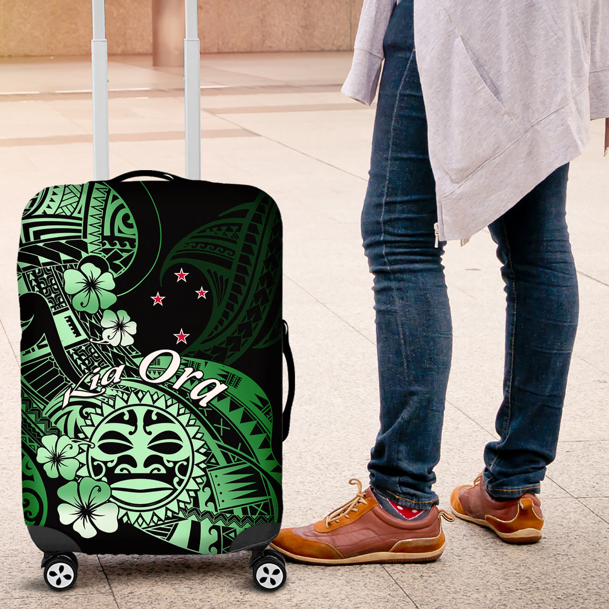 Aotearoa Kia Ora New Zealand Ta Moko Green Version Luggage Cover LT01 Green - Polynesian Pride
