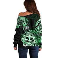 Aotearoa Kia Ora New Zealand Ta Moko Green Version Off Shoulder Sweater LT01 - Polynesian Pride