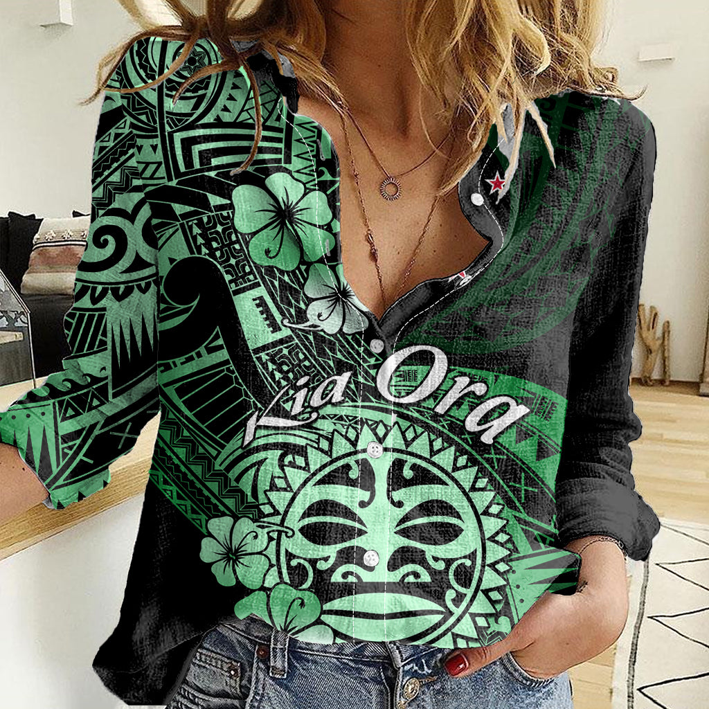 Aotearoa Kia Ora New Zealand Ta Moko Green Version Women Casual Shirt LT01 Female Green - Polynesian Pride