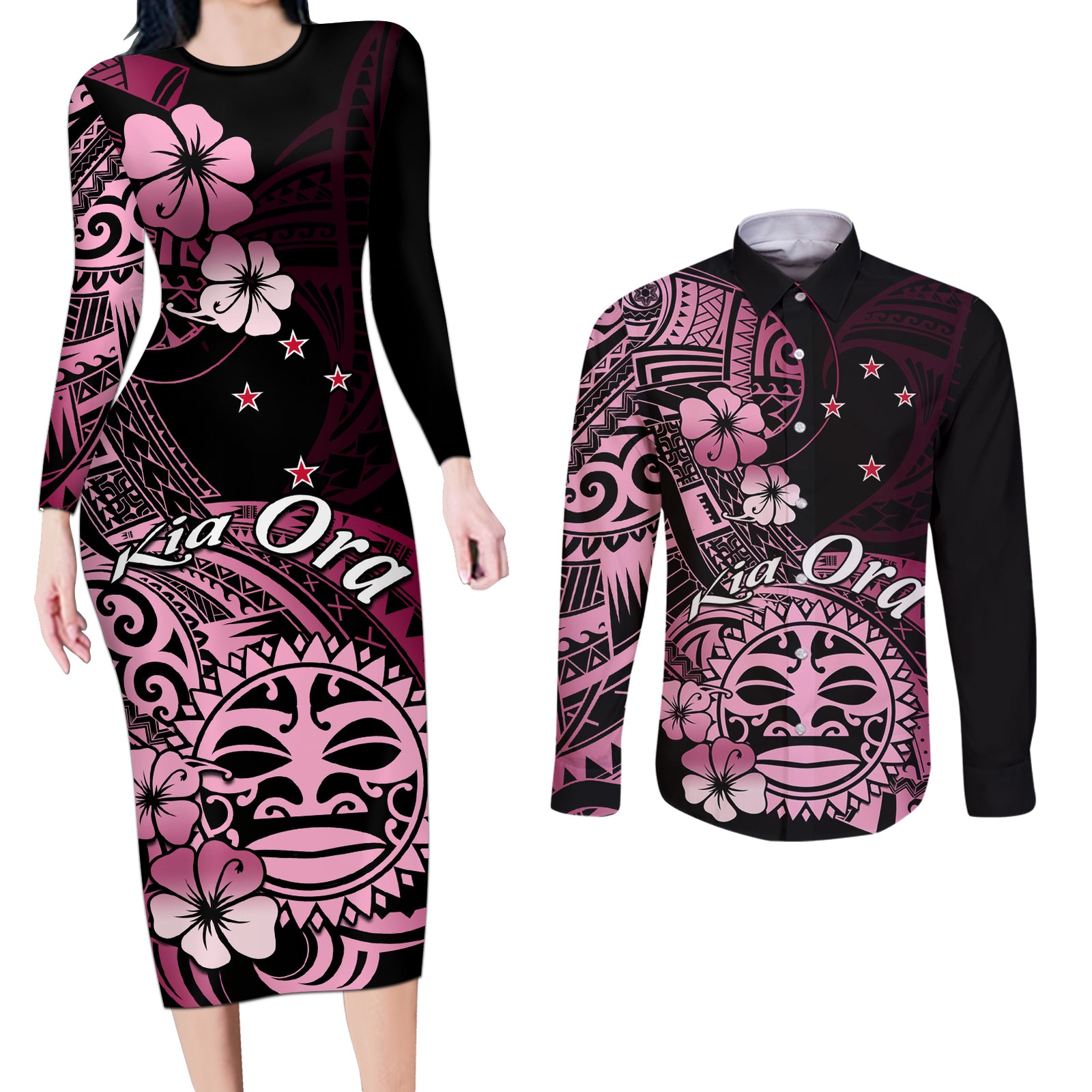 Aotearoa Kia Ora New Zealand Ta Moko Pink Version Couples Matching Long Sleeve Bodycon Dress and Long Sleeve Button Shirt LT01 Pink - Polynesian Pride