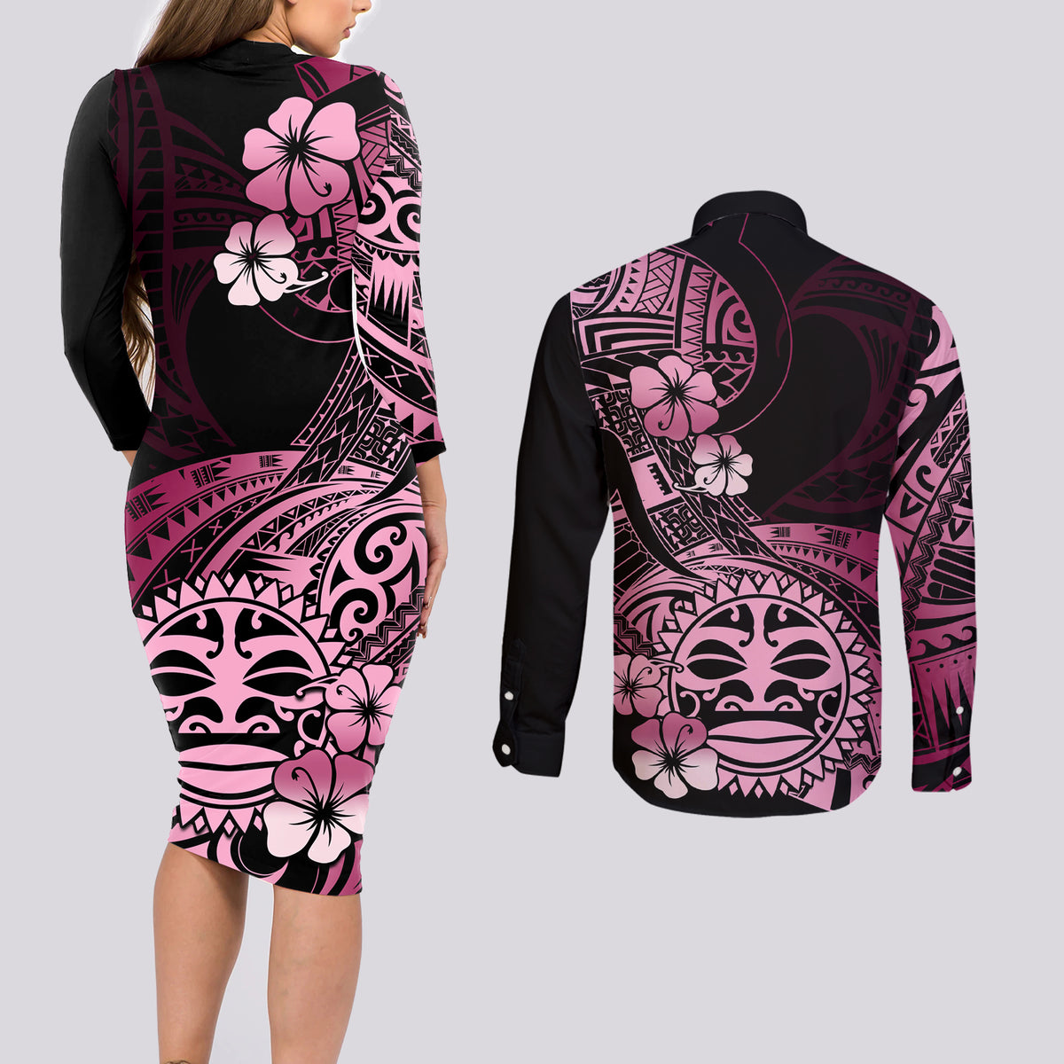 Aotearoa Kia Ora New Zealand Ta Moko Pink Version Couples Matching Long Sleeve Bodycon Dress and Long Sleeve Button Shirt LT01 - Polynesian Pride