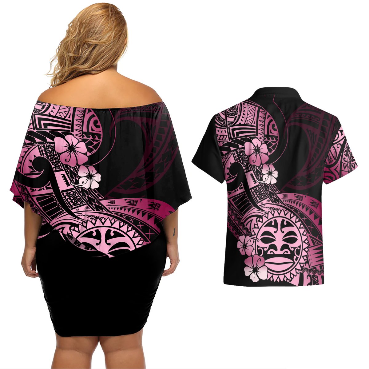 Aotearoa Kia Ora New Zealand Ta Moko Pink Version Couples Matching Off Shoulder Short Dress and Hawaiian Shirt LT01 - Polynesian Pride