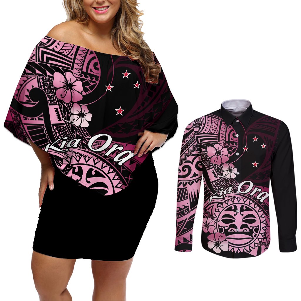 Aotearoa Kia Ora New Zealand Ta Moko Pink Version Couples Matching Off Shoulder Short Dress and Long Sleeve Button Shirt LT01 Pink - Polynesian Pride