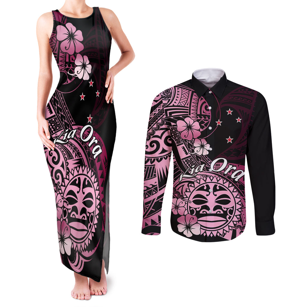 Aotearoa Kia Ora New Zealand Ta Moko Pink Version Couples Matching Tank Maxi Dress and Long Sleeve Button Shirt LT01 Pink - Polynesian Pride