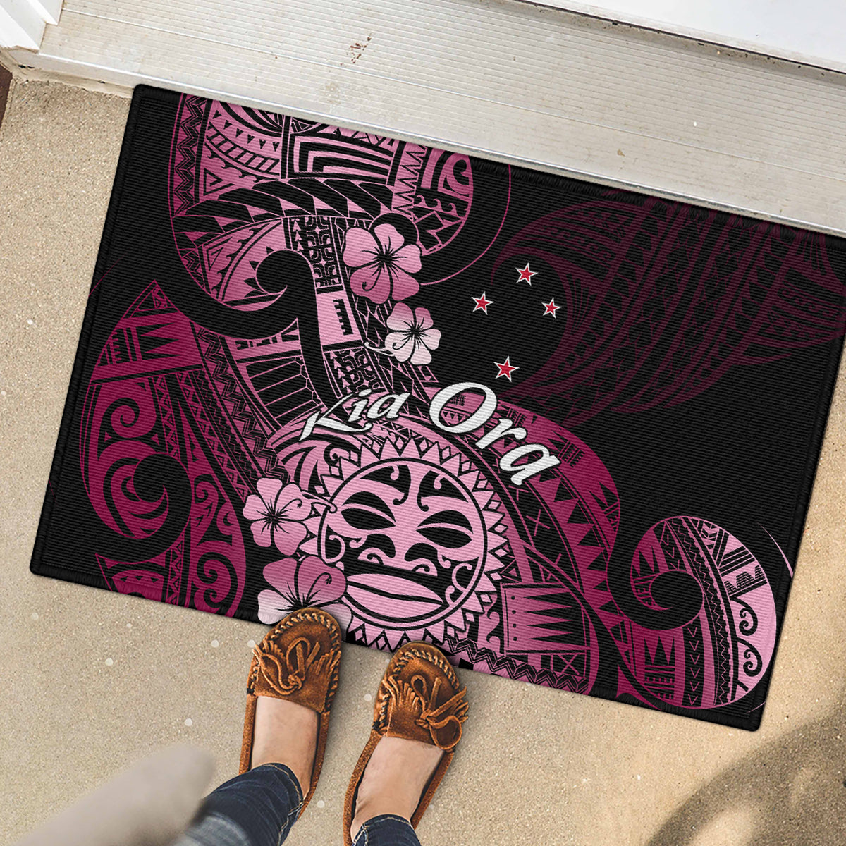 Aotearoa Kia Ora New Zealand Ta Moko Pink Version Rubber Doormat LT01 - Polynesian Pride