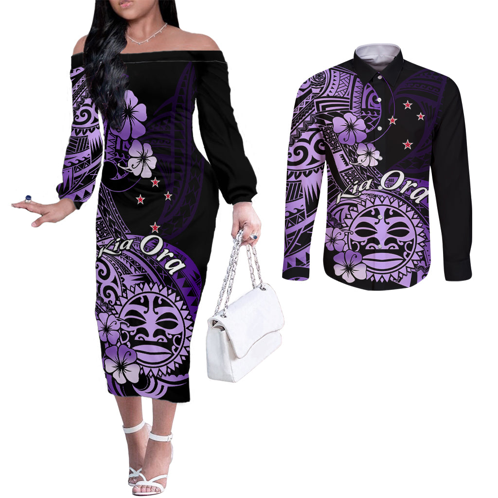 Aotearoa Kia Ora New Zealand Ta Moko Purple Version Couples Matching Off The Shoulder Long Sleeve Dress and Long Sleeve Button Shirt LT01 Purple - Polynesian Pride