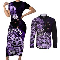 Aotearoa Kia Ora New Zealand Ta Moko Purple Version Couples Matching Short Sleeve Bodycon Dress and Long Sleeve Button Shirt LT01 Purple - Polynesian Pride