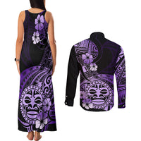 Aotearoa Kia Ora New Zealand Ta Moko Purple Version Couples Matching Tank Maxi Dress and Long Sleeve Button Shirt LT01 - Polynesian Pride