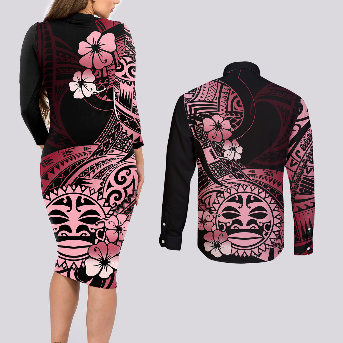 Aotearoa Kia Ora New Zealand Ta Moko Red Version Couples Matching Long Sleeve Bodycon Dress and Long Sleeve Button Shirt LT01 - Polynesian Pride