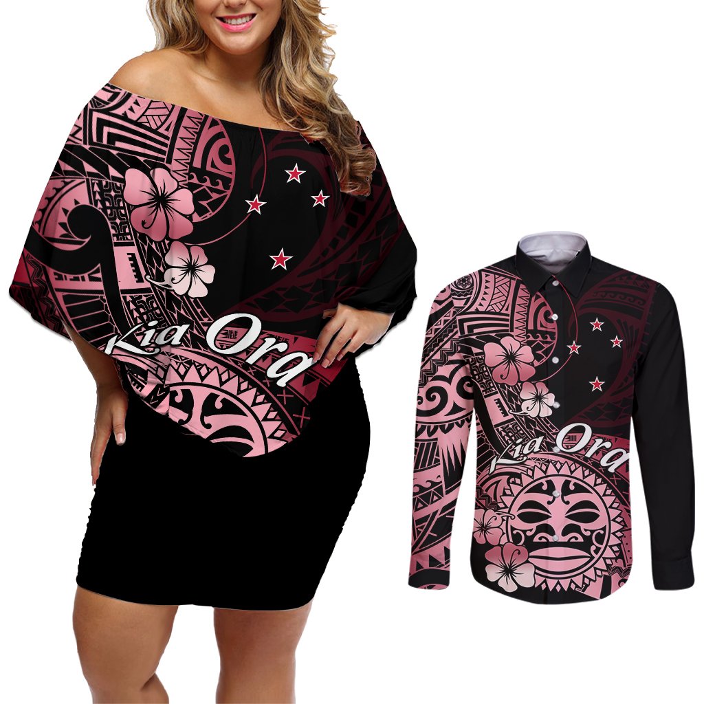 Aotearoa Kia Ora New Zealand Ta Moko Red Version Couples Matching Off Shoulder Short Dress and Long Sleeve Button Shirt LT01 Red - Polynesian Pride