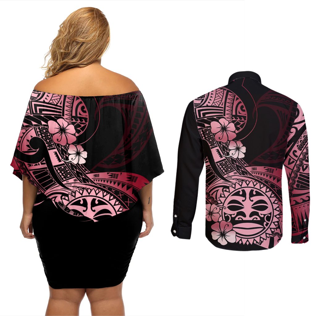 Aotearoa Kia Ora New Zealand Ta Moko Red Version Couples Matching Off Shoulder Short Dress and Long Sleeve Button Shirt LT01 - Polynesian Pride