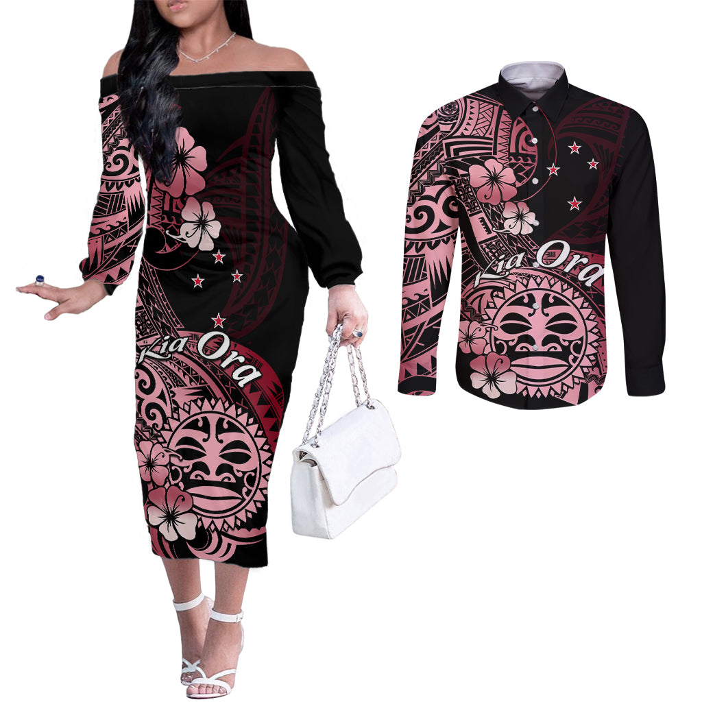 Aotearoa Kia Ora New Zealand Ta Moko Red Version Couples Matching Off The Shoulder Long Sleeve Dress and Long Sleeve Button Shirt LT01 Red - Polynesian Pride