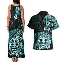 Aotearoa Kia Ora New Zealand Ta Moko Turquoise Version Couples Matching Tank Maxi Dress and Hawaiian Shirt LT01 - Polynesian Pride